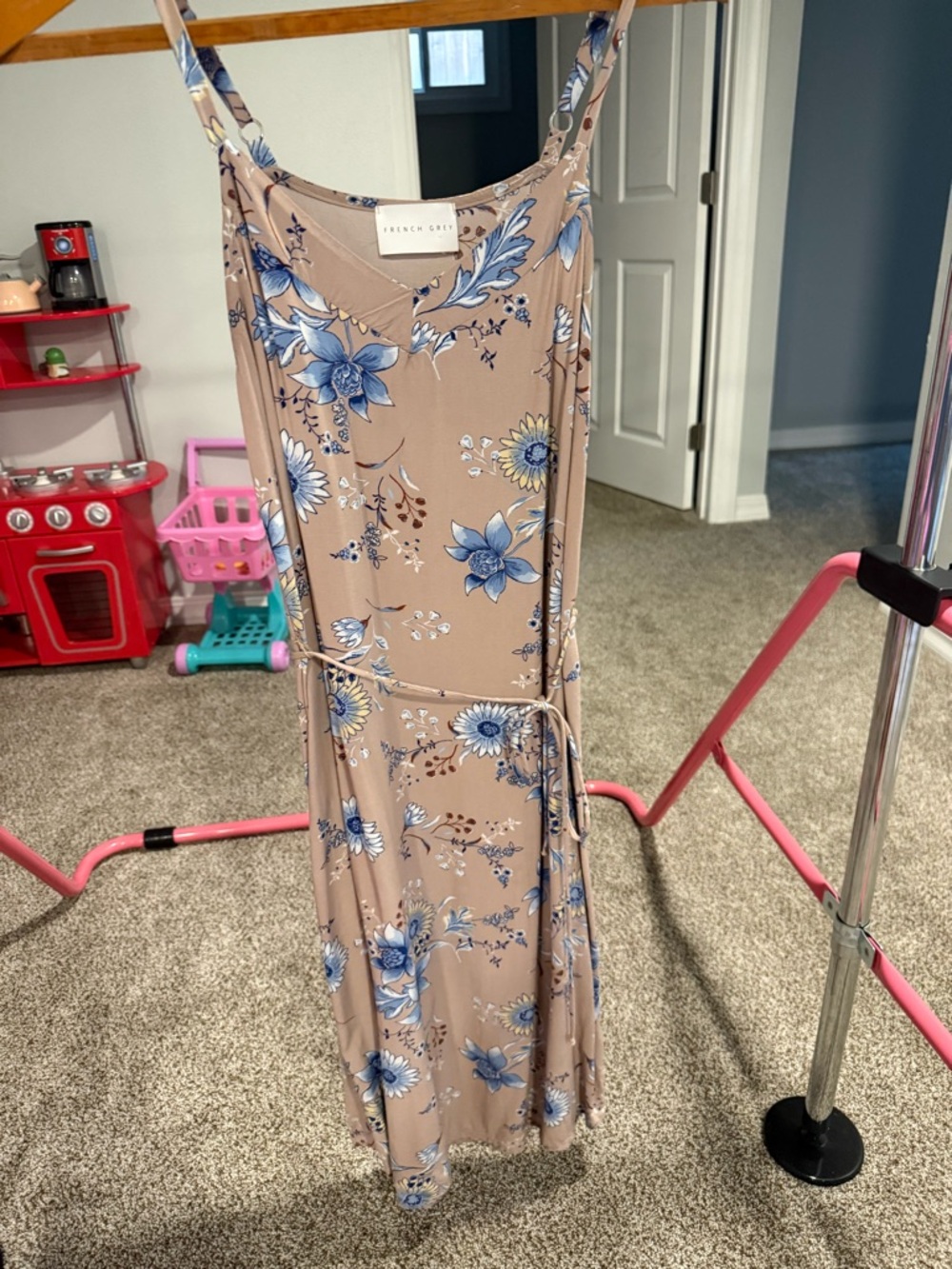 French Grey Beige Midi Dress with Blue Floral Print
